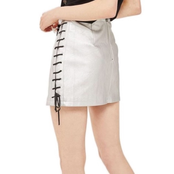 NWT TOPSHOP Silver Metallic Lace Up Mini Skirt - Picture 2 of 7